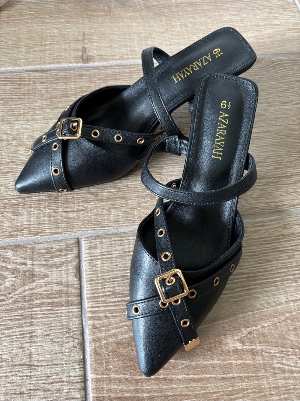 Aarayah Black Pointed Mule with Gold Buckle Detail
